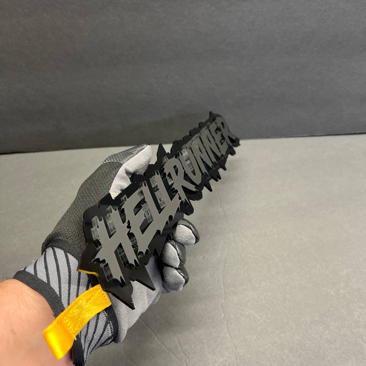 Hellrunner custom nameplate badge for muscle truck exterior styling