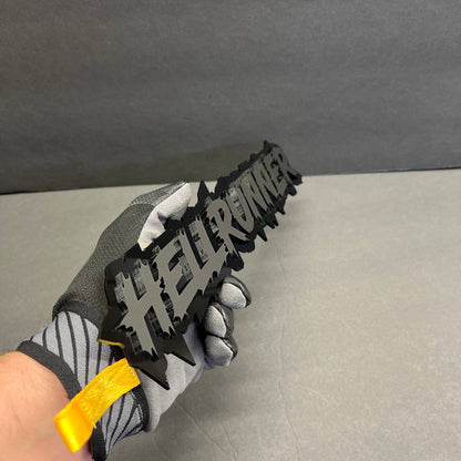 Hellrunner custom nameplate badge for muscle truck exterior styling