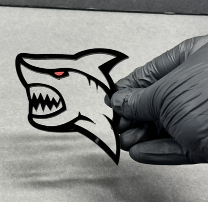 Hellshark performance car emblem with aggressive shark design for Dodge, RAM, Ford, Chevy and custom builds