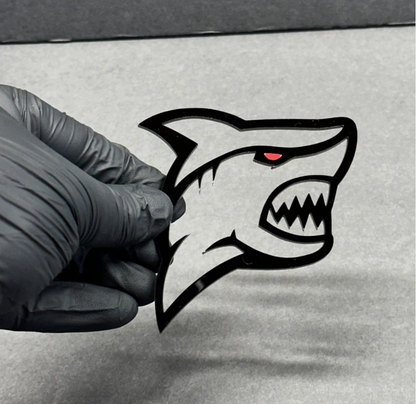 Hellshark aggressive shark car badge fender emblem for Ford, Dodge, Jeep and custom automotive applications