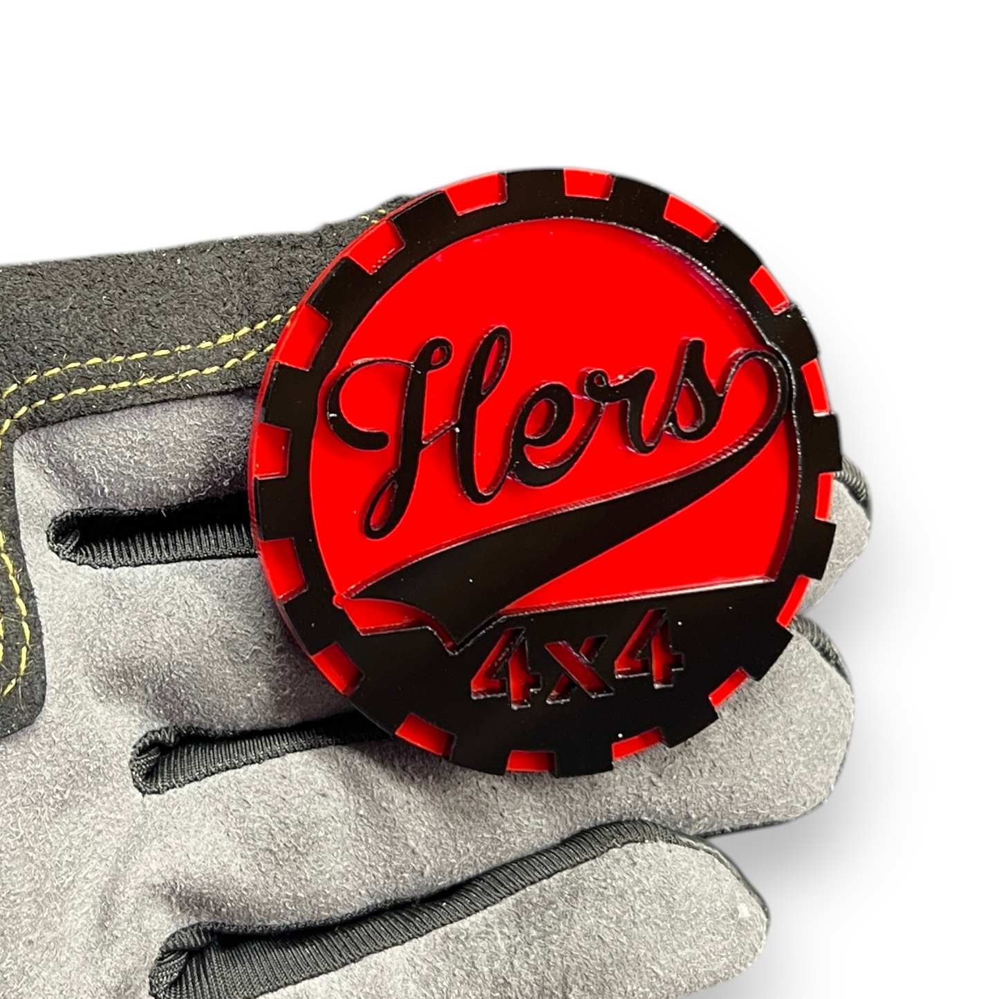 Hers script 4x4 emblem for Jeep Wrangler offroad vehicle badge