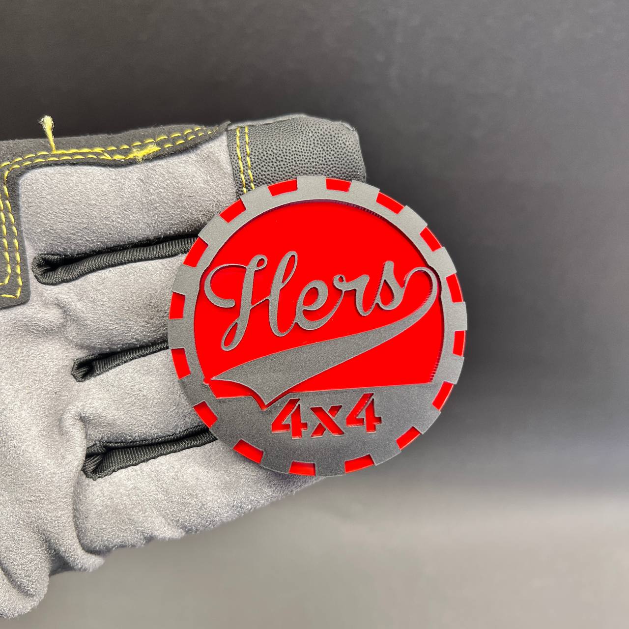 Red and brushed silver HERS automotive fender emblem