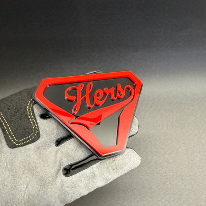 Red and black Hers car badge for personalizing Toyota, Honda, Nissan, BMW, Mercedes-Benz, Volkswagen, and other vehicles