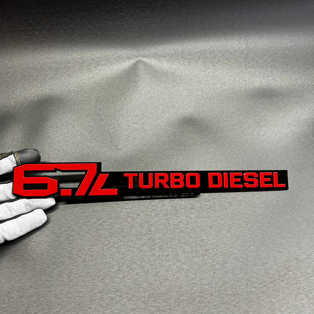High Output Turbo Diesel acrylic car badge designed for truck fender, tailgate, or hood placement.