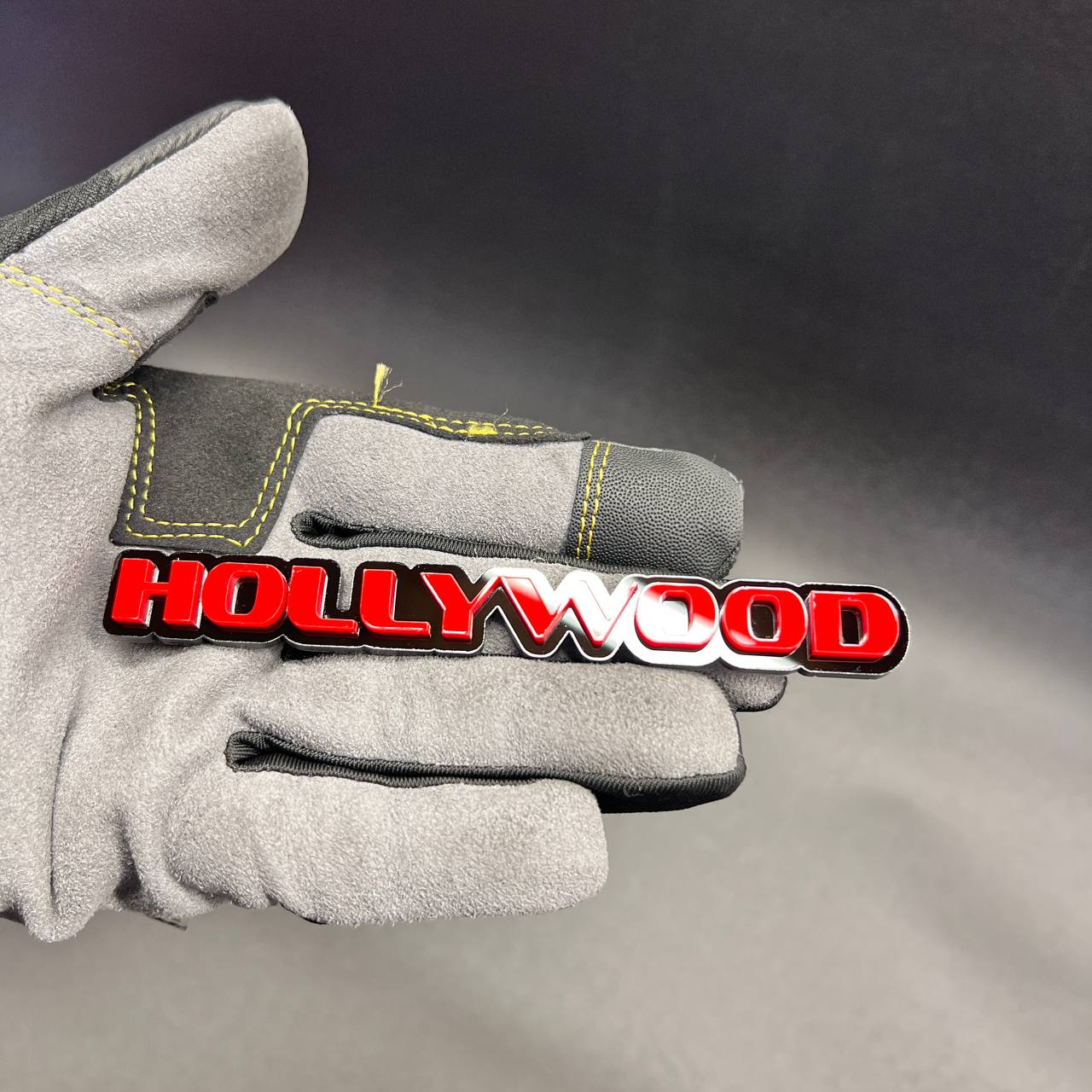 Red and black HOLLYWOOD custom car badge emblem