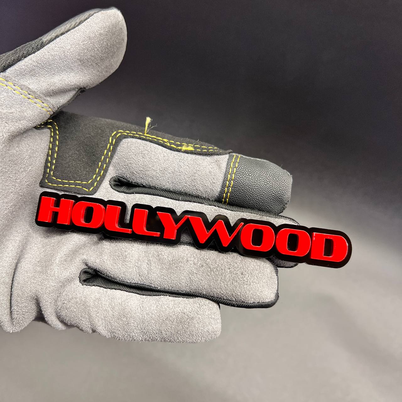 HOLLYWOOD red letter car badge with glossy black backing
