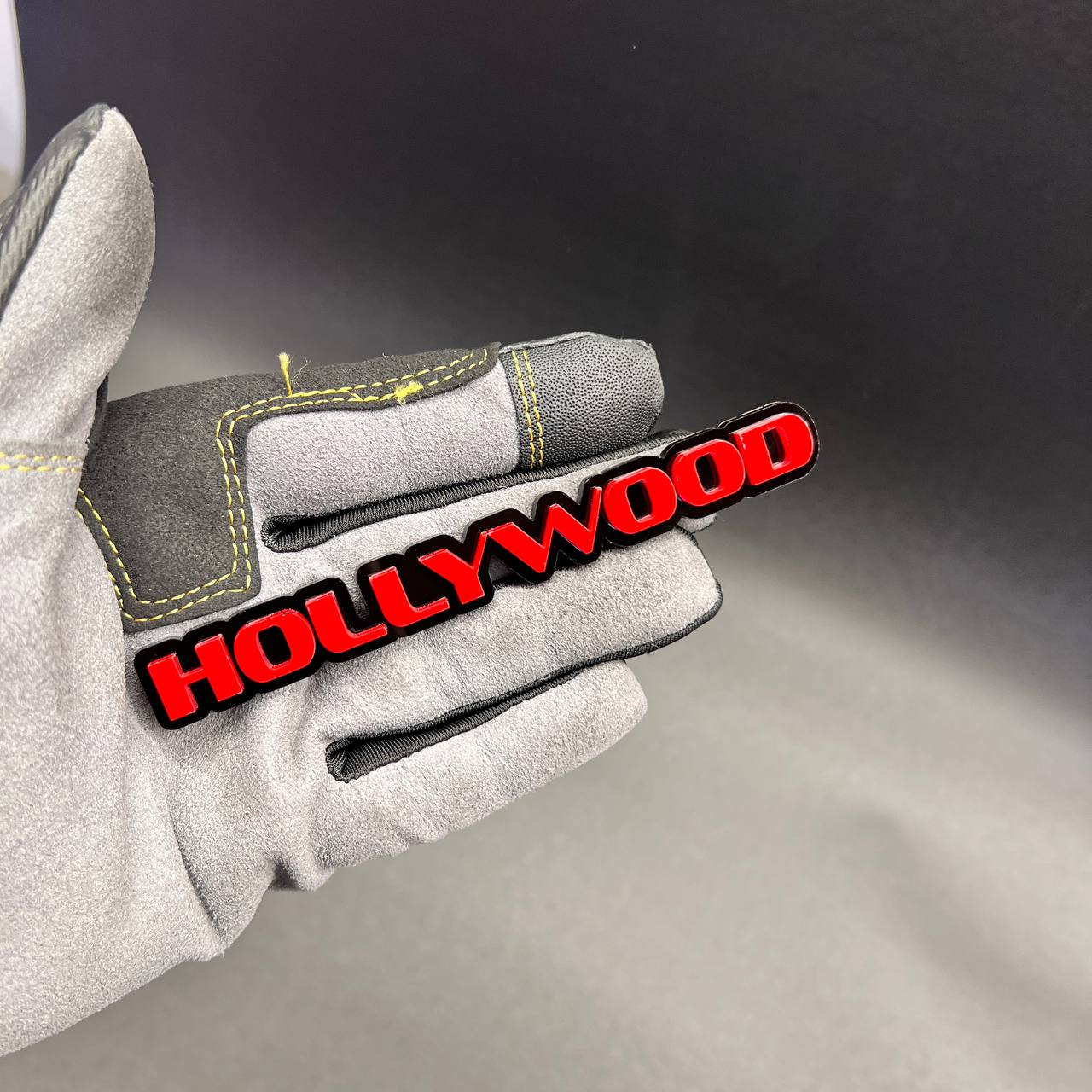 HOLLYWOOD red text exterior car emblem for fender or body panel