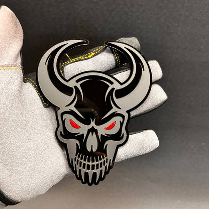 Demon Skull exterior car badge with glossy black backing and gray top layer