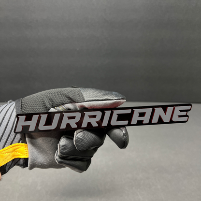 Hurricane custom vehicle nameplate featuring durable weather-resistant construction.