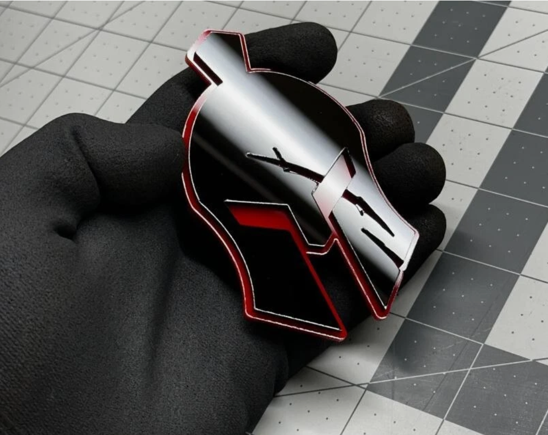 Black and red Gladiator helmet car badge for Ford, Dodge, Chevrolet, Jeep, RAM and GMC vehicles