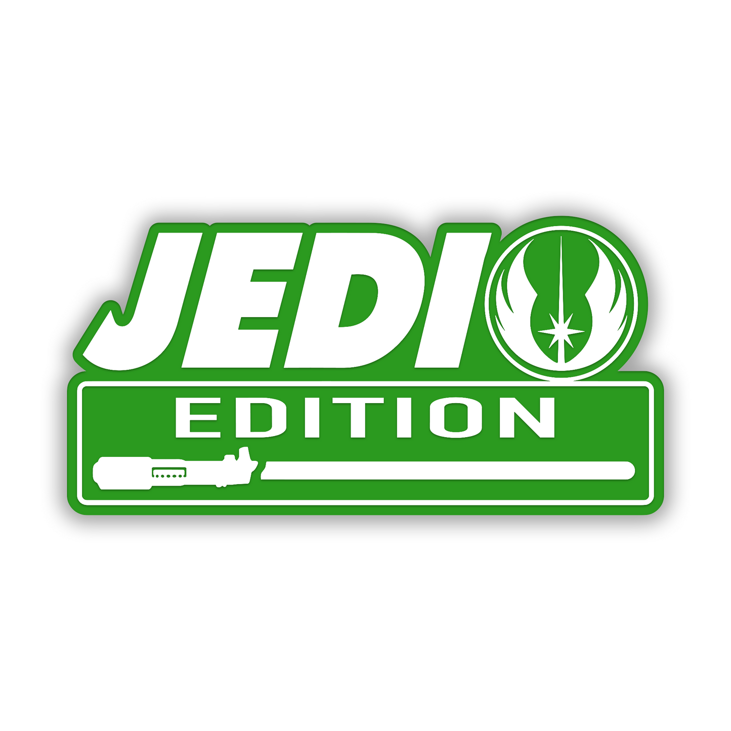 Engraved Jedi Edition fender emblem with brushed silver background and black details