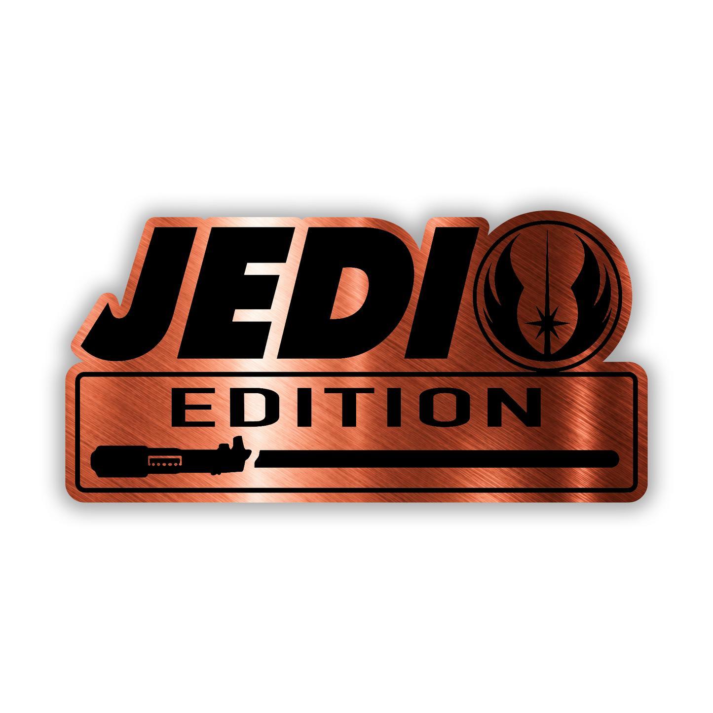 Silver and black Jedi Edition car fender badge with engraved graphic details