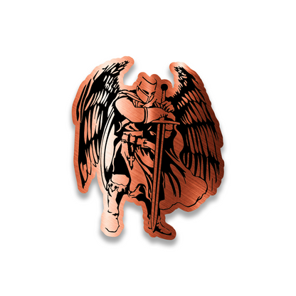 Templar warrior engraved auto badge with winged knight and sword illustration