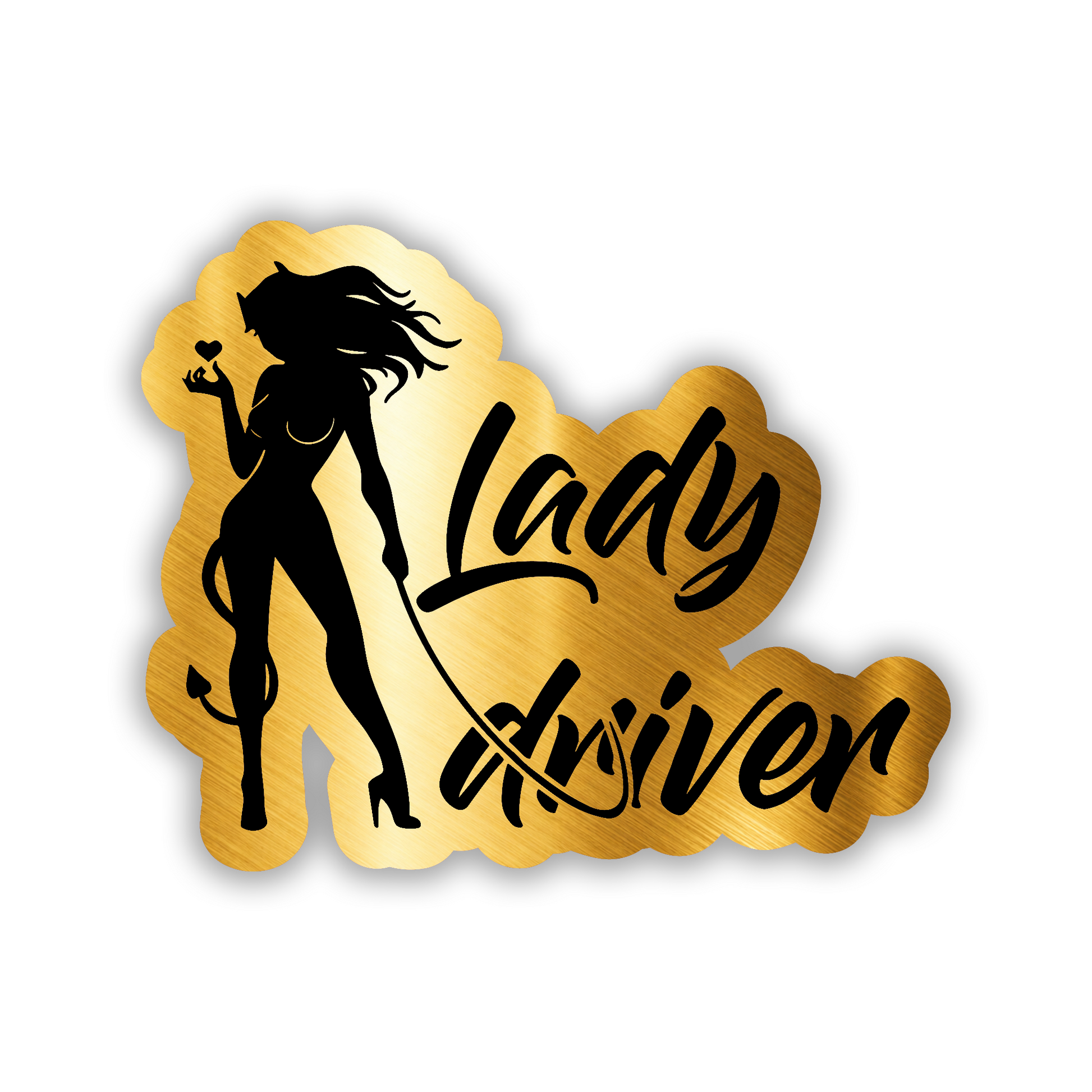 Lady Driver silver engraved car badge with black devil girl and heart detail