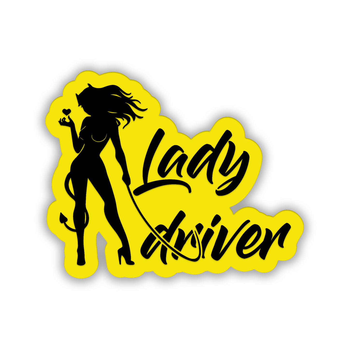 Lady Driver engraved vehicle badge with bold black silhouette and brushed silver background
