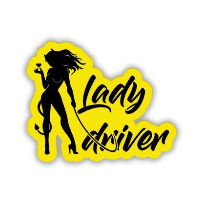Lady Driver engraved vehicle badge with bold black silhouette and brushed silver background