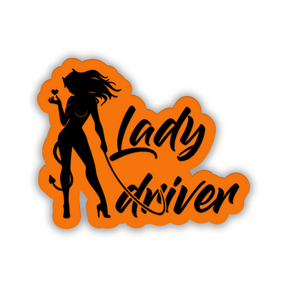 Custom Lady Driver engraved auto badge with black woman silhouette and silver background