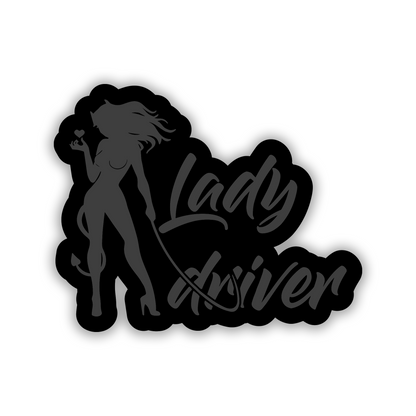 Lady Driver woman car emblem with stylish female silhouette and brushed silver finish
