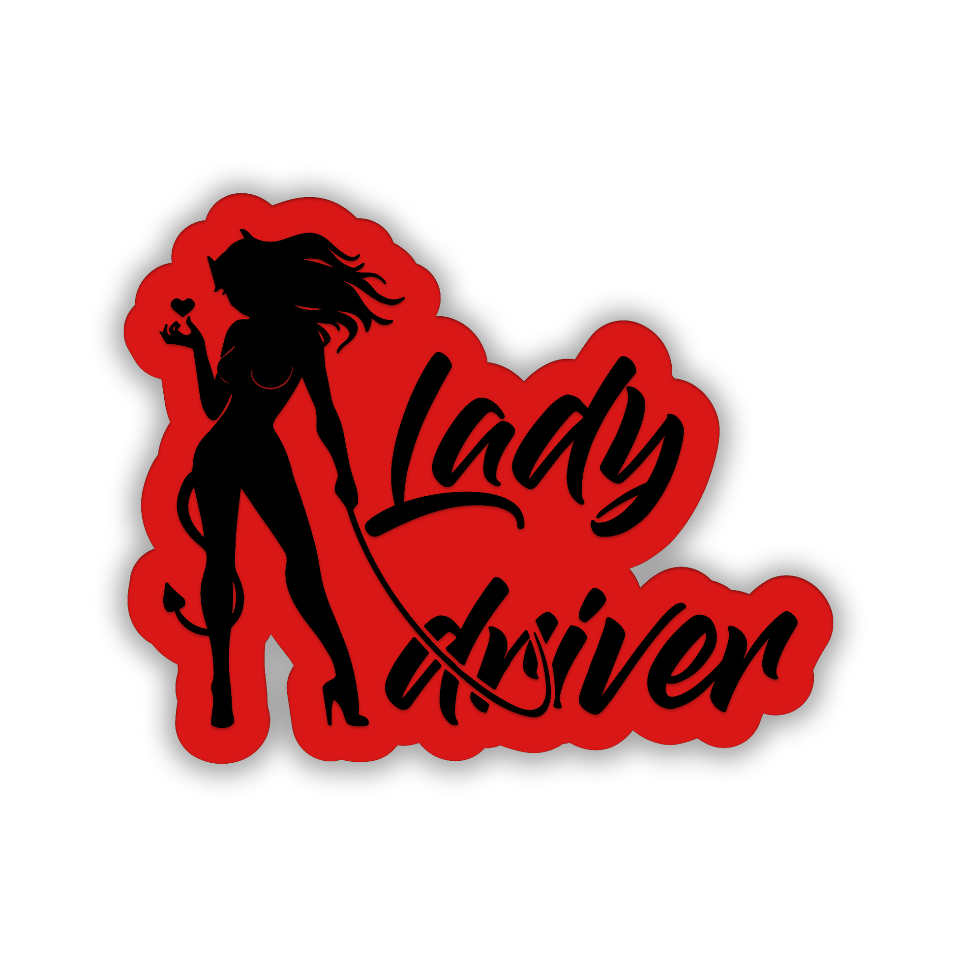 Lady Driver devil girl car badge with black engraved design on brushed silver finish