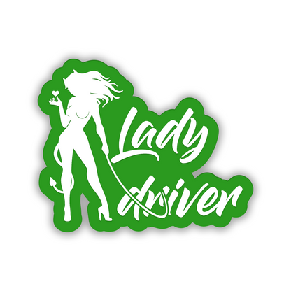 Custom Lady Driver fender emblem with female driver design and engraved black lettering