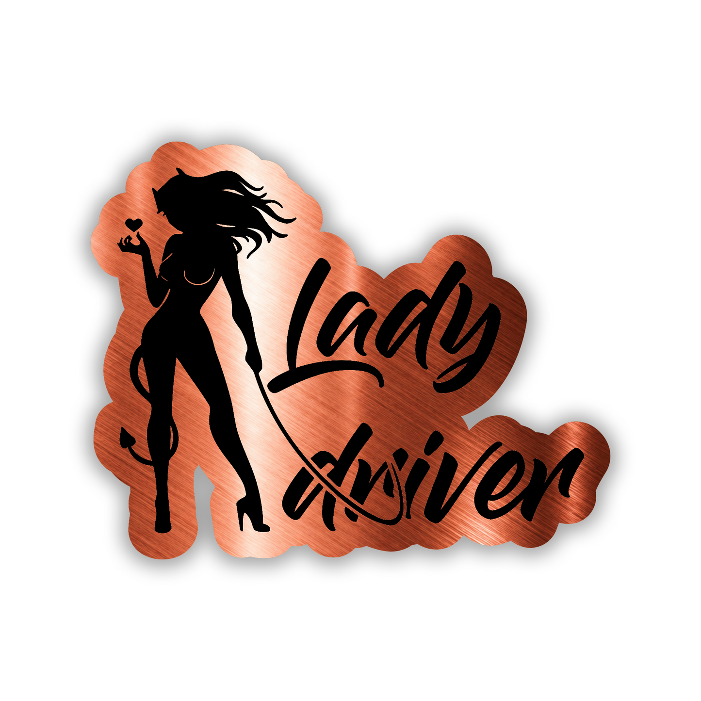 Lady Driver devil woman auto emblem featuring black silhouette on brushed silver badge