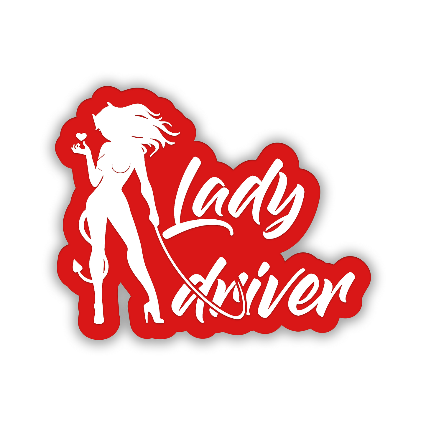 Lady Driver metal look car badge with brushed silver finish and black graphic design