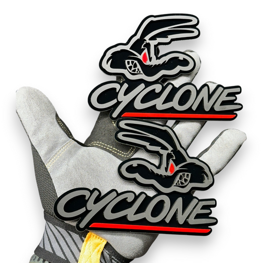 Cyclone coyote  badge with glossy black background and matte black top layer