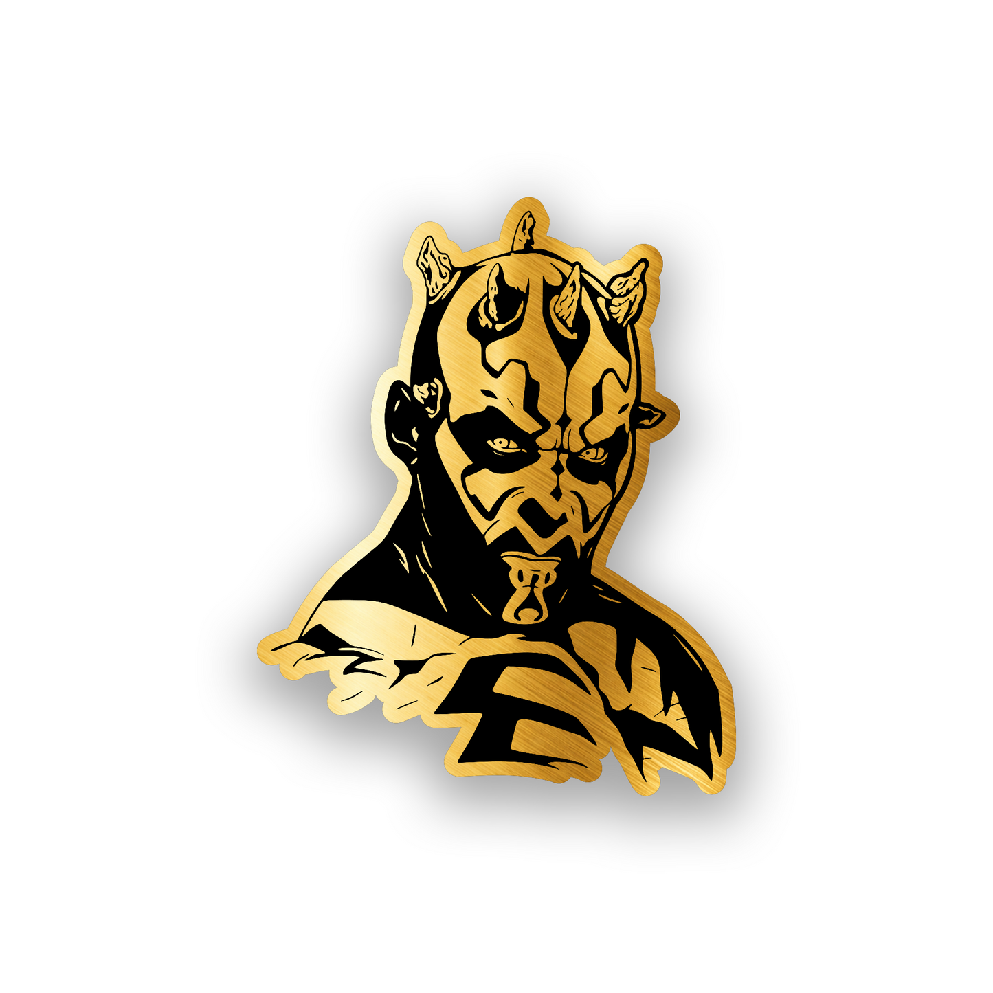 Engraved car emblem inspired by Star Wars with a detailed Darth Maul style portrait