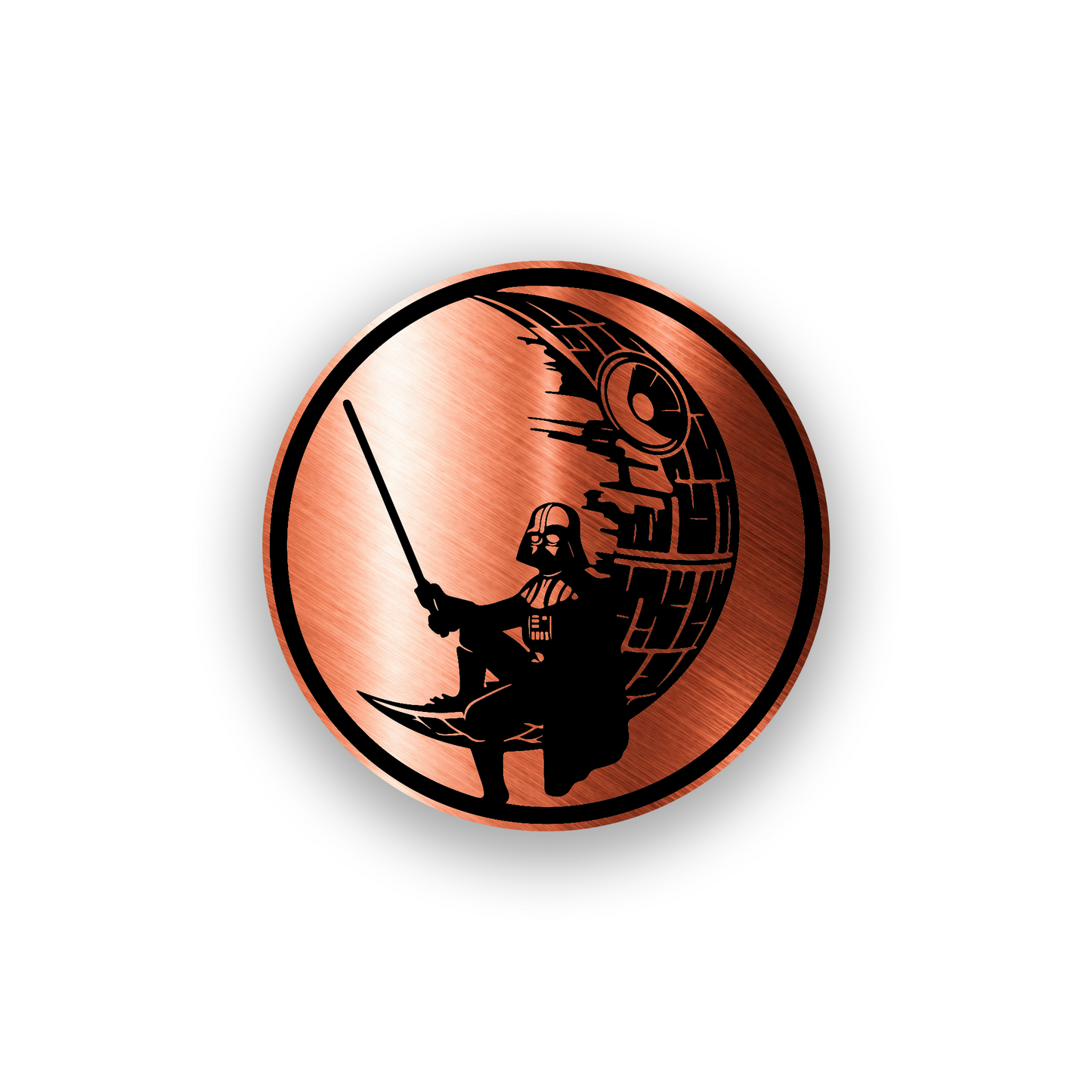 Dark side inspired engraved car emblem with crescent moon and galactic battle station design