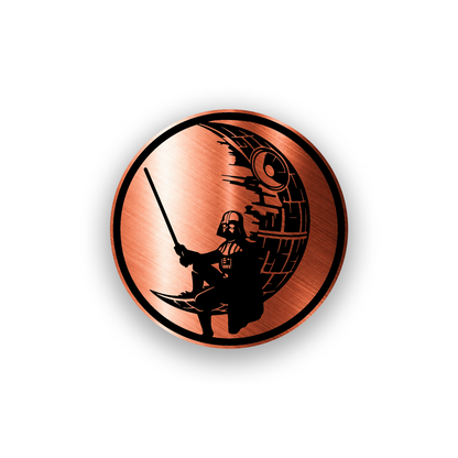 Dark side inspired engraved car emblem with crescent moon and galactic battle station design