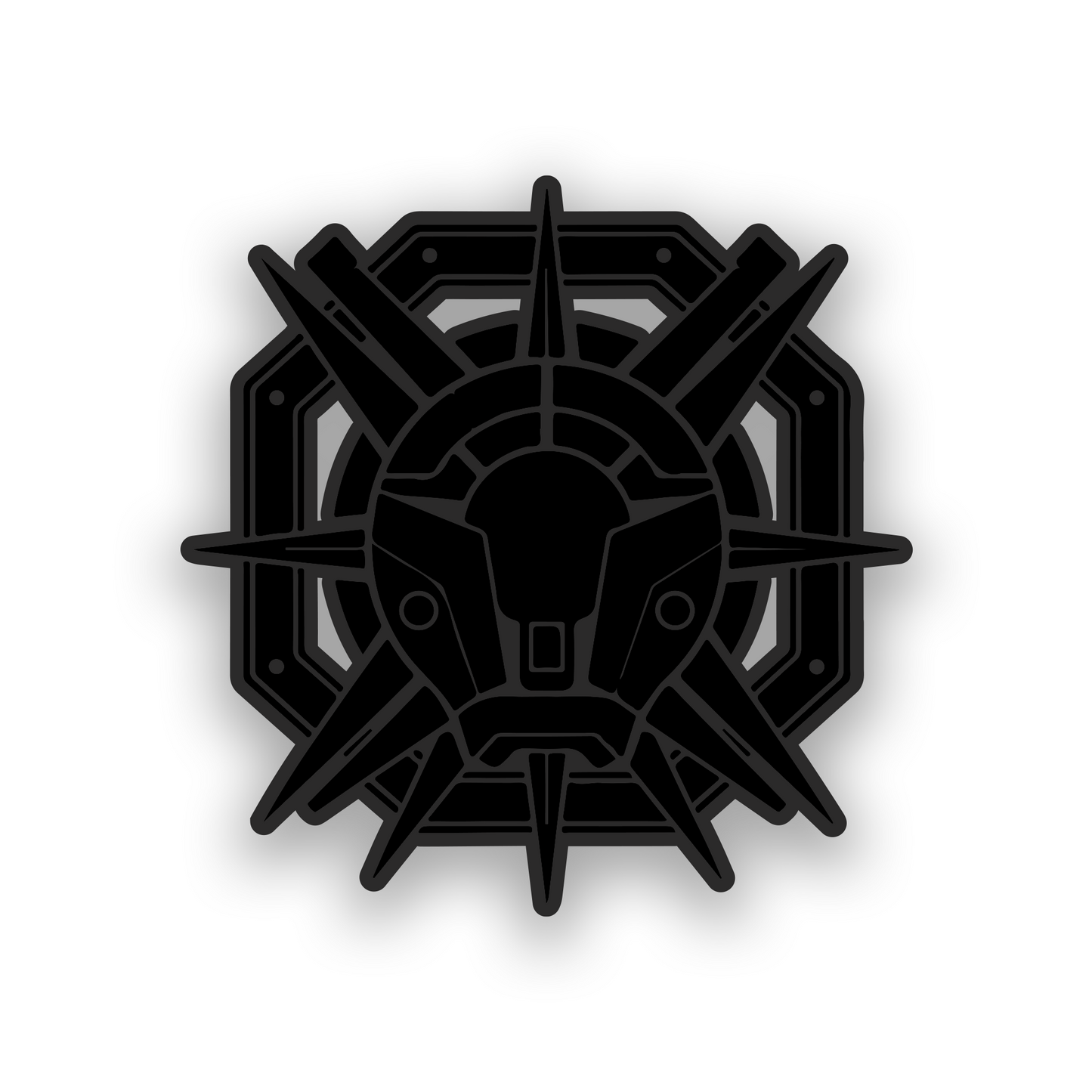 Galactic inspired engraved car emblem with detailed mechanical symbol artwork