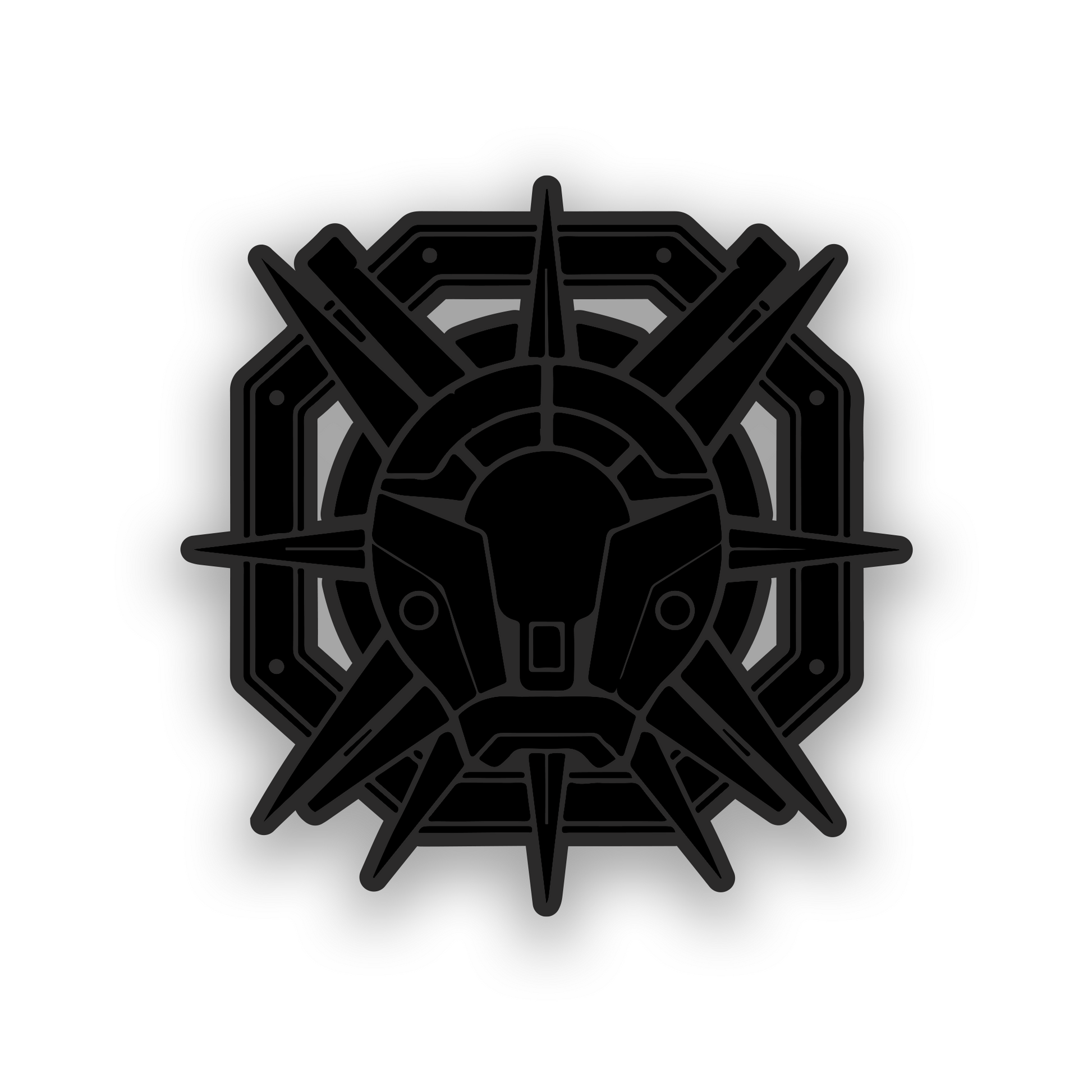 Galactic inspired engraved car emblem with detailed mechanical symbol artwork
