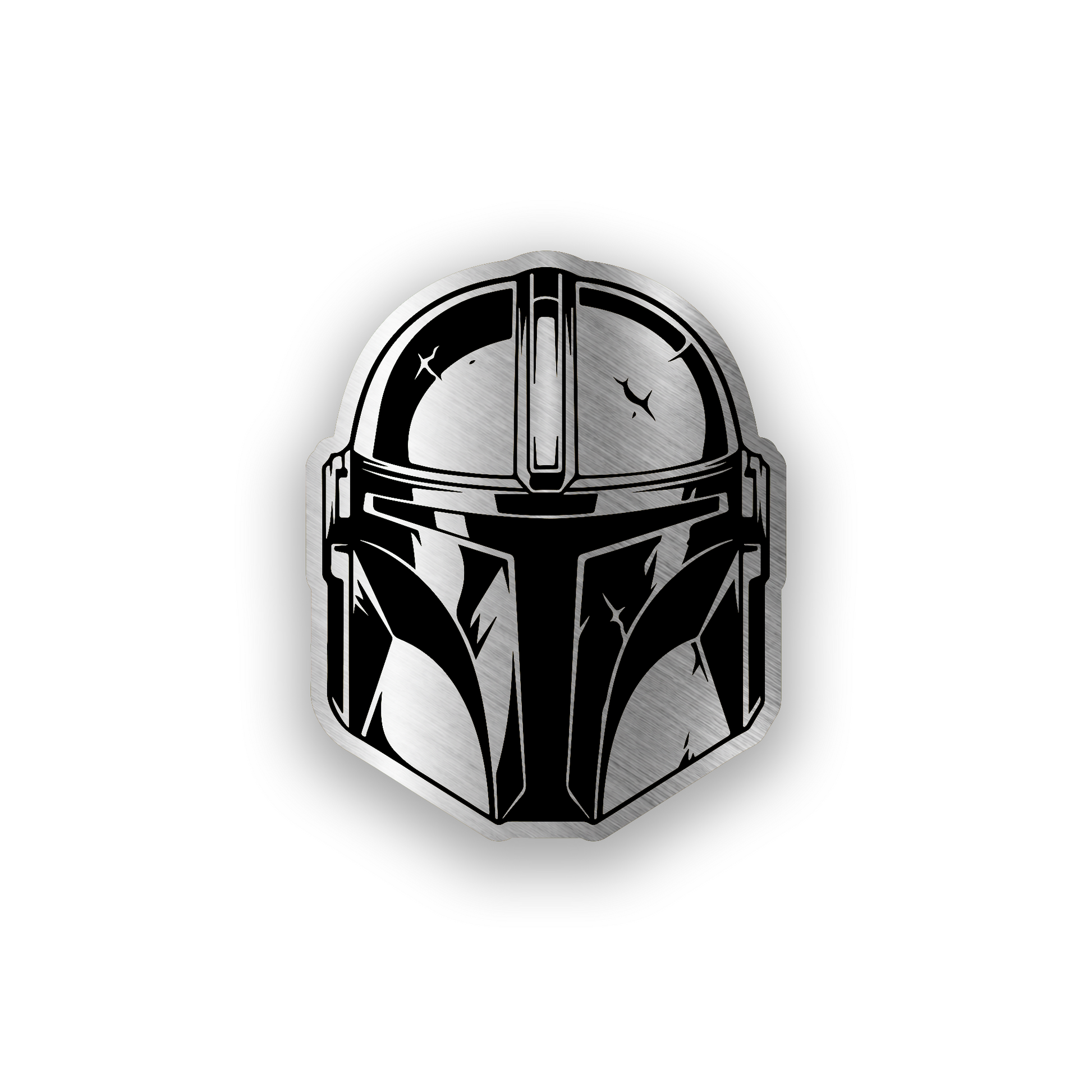 Mandalorian inspired engraved car badge with bold sci fi helmet emblem design