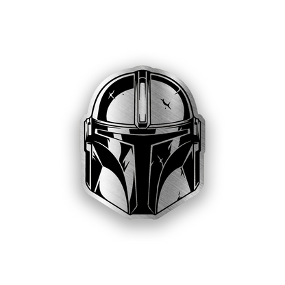 Mandalorian inspired engraved car badge with bold sci fi helmet emblem design