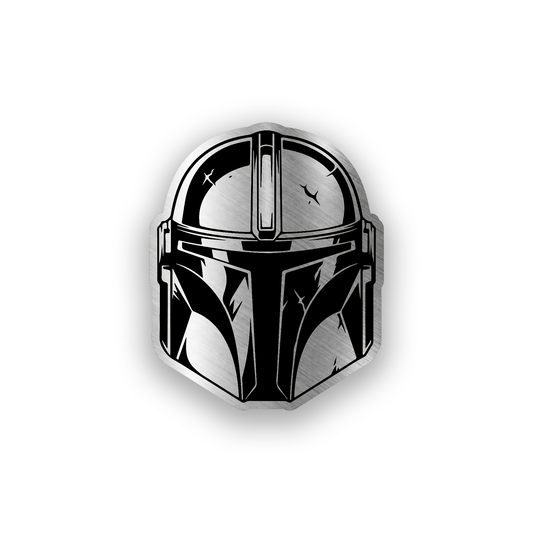 Mandalorian inspired engraved car badge with bold sci fi helmet emblem design