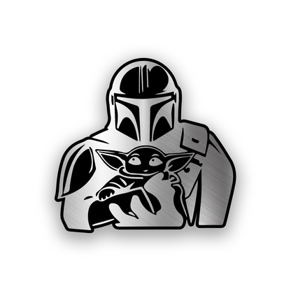 Mandalorian and Grogu inspired engraved car badge with bold sci fi character design