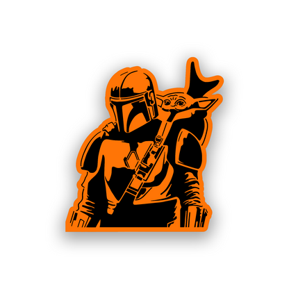 Engraved car badge with Mando helmet inspired automotive artwork
