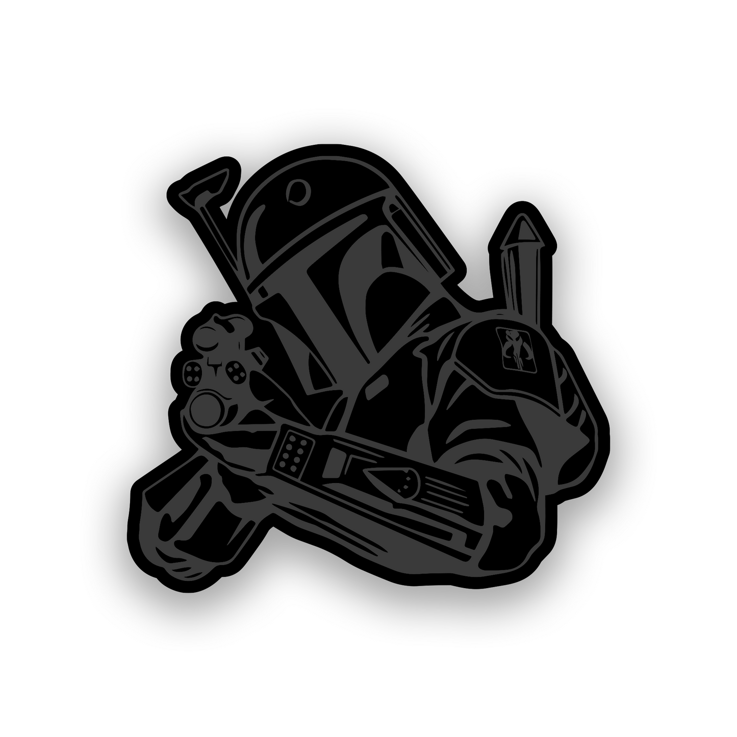 Engraved car badge with Mando helmet inspired automotive artwork