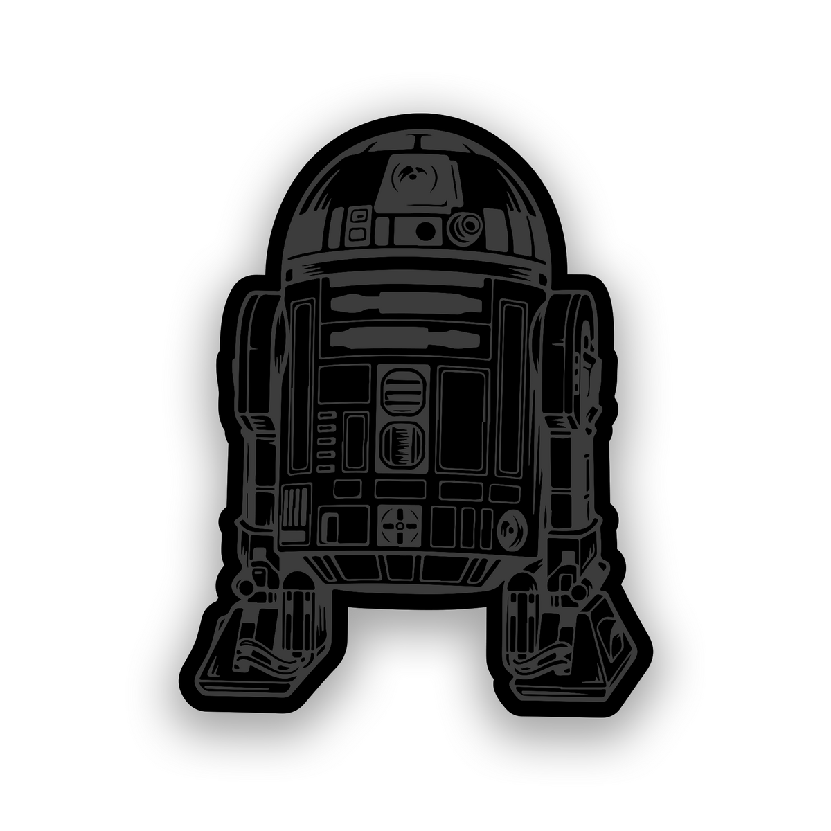 Engraved car badge with R2-D2 inspired robot design for vehicle styling