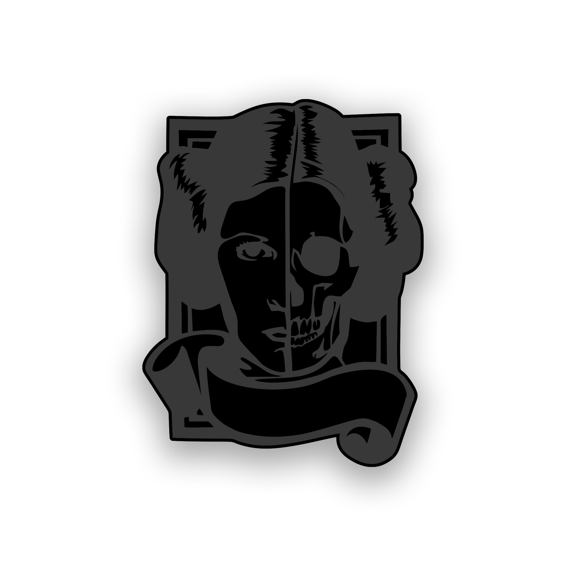 Engraved car emblem featuring a rebel princess portrait combined with a skull design