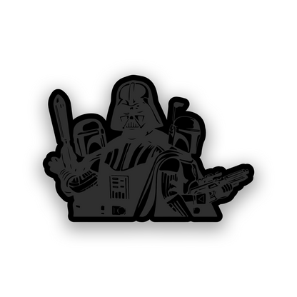 Bounty hunter inspired automotive badge with detailed helmet and armor engraving