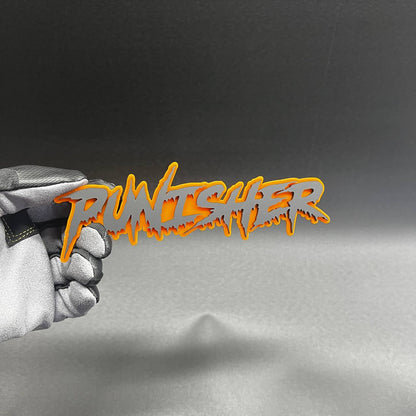 Custom Punisher text badge in silver and orange acrylic for car fender emblem