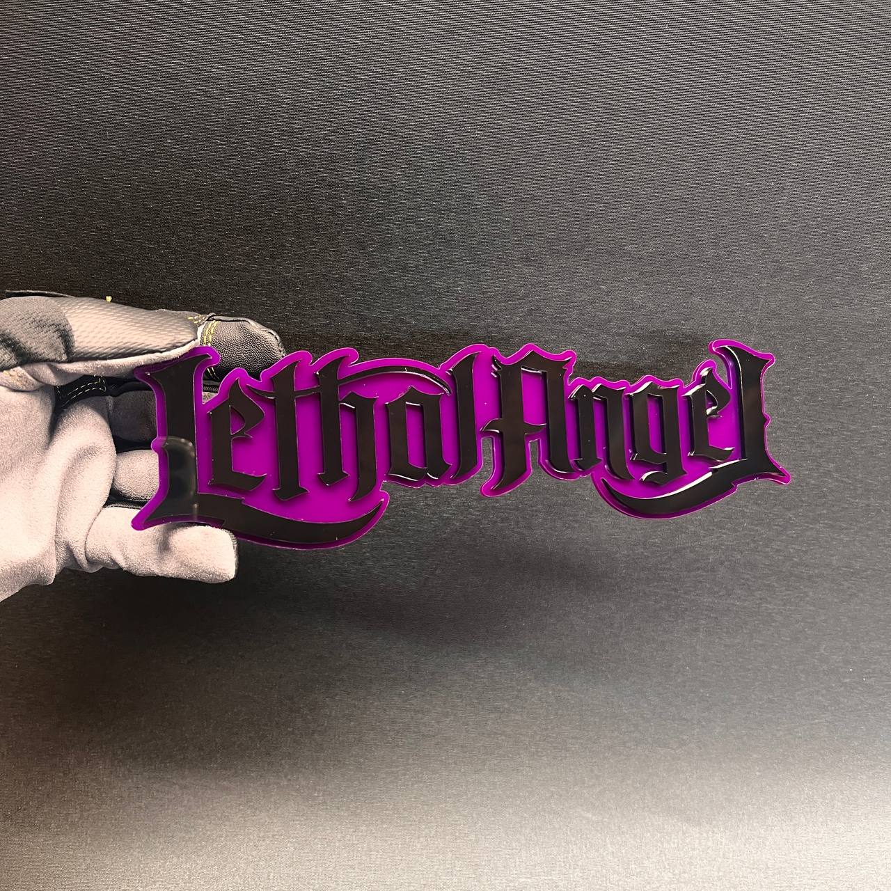 Lethal Angel custom text badge with bold script design for trucks and cars