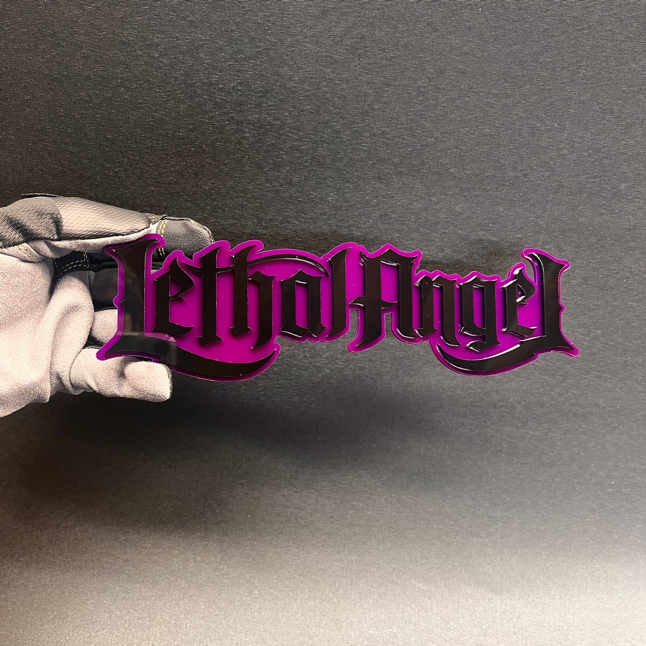 Pink and black Lethal Angel gothic text badge for car exterior decoration