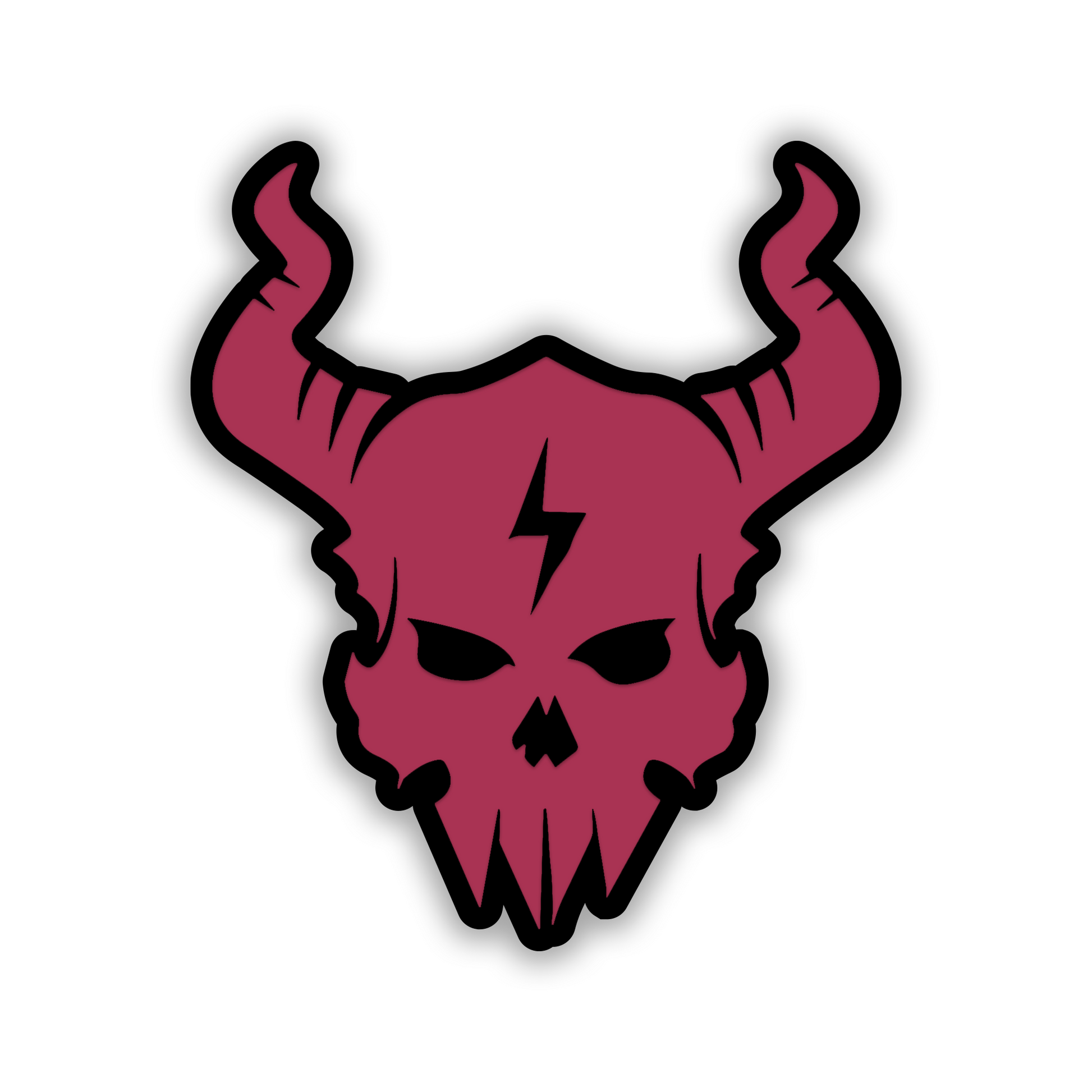 Engraved skull car emblem with lightning bolt forehead detail and curved horns