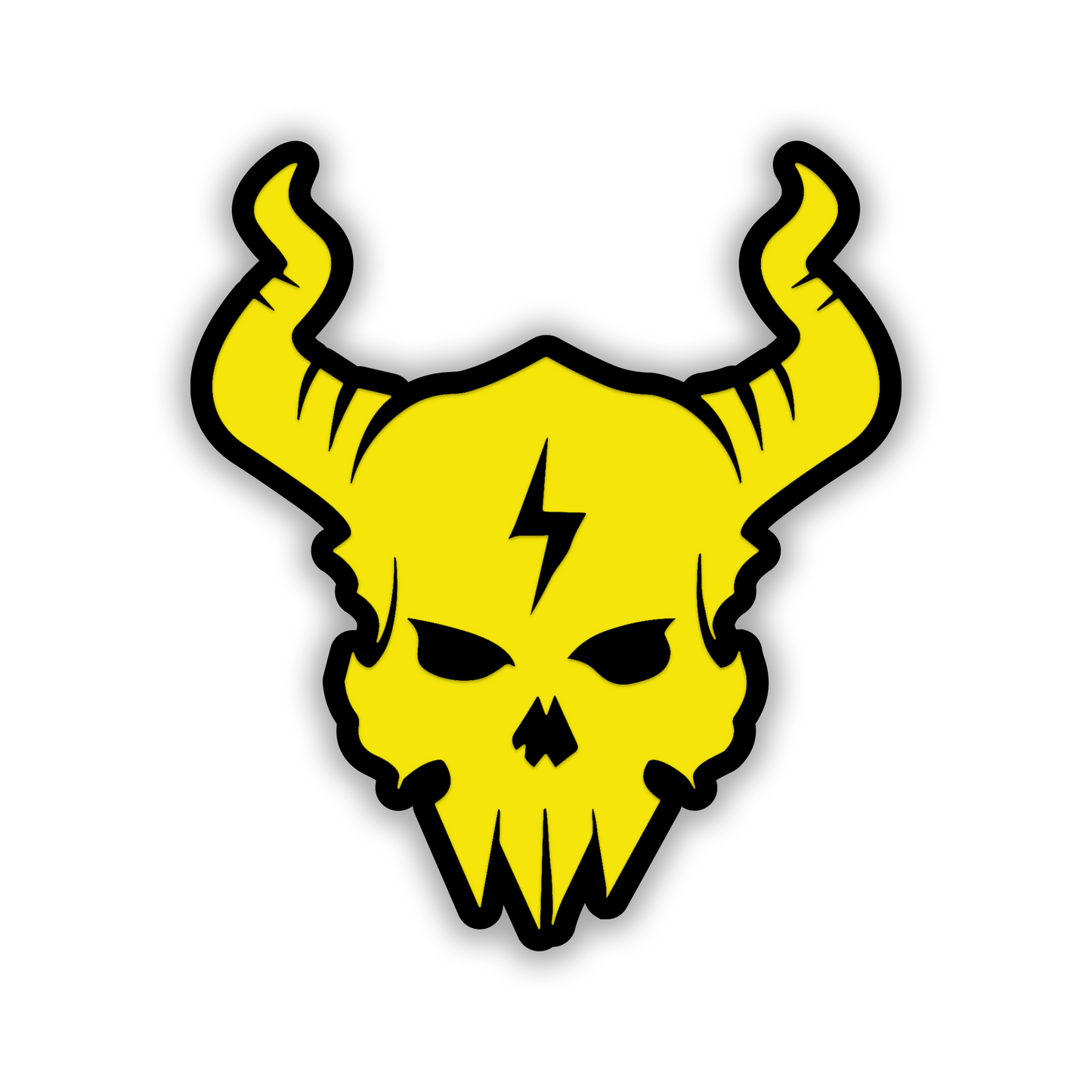 Horned Lightbolt Skull car badge with silver engraved finish and black details