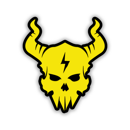 Horned Lightbolt Skull car badge with silver engraved finish and black details