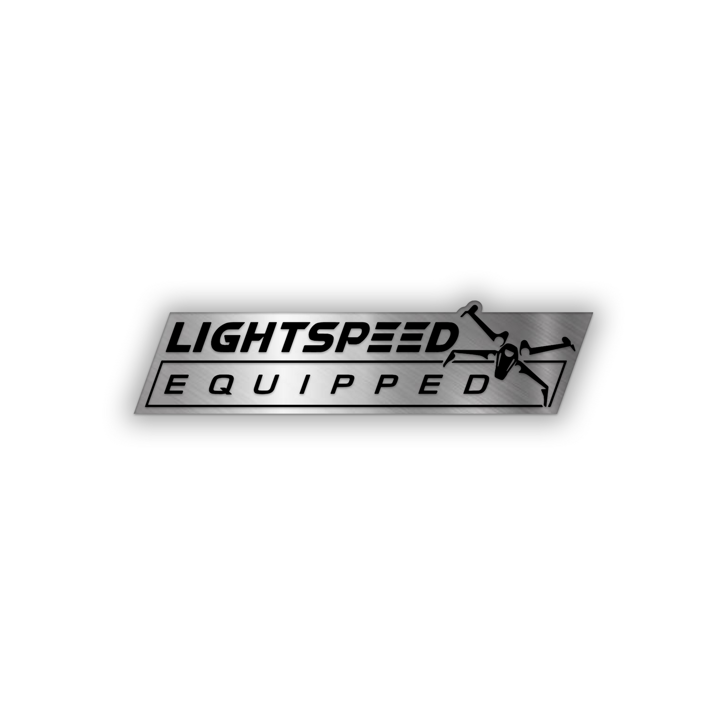 Engraved Lightspeed Equipped car badge in brushed silver and black