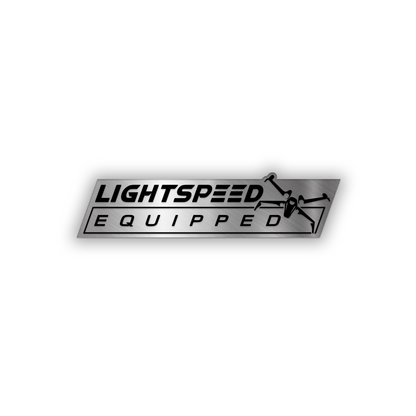 Engraved Lightspeed Equipped car badge in brushed silver and black