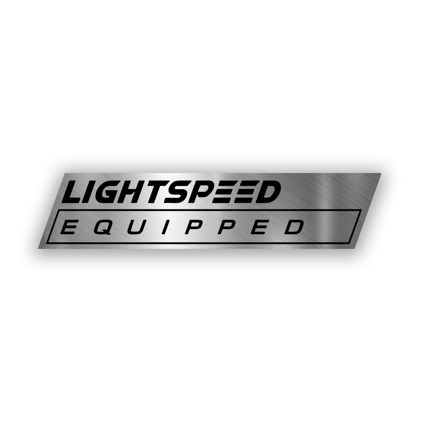 Lightspeed Equipped engraved silver car badge with futuristic lettering